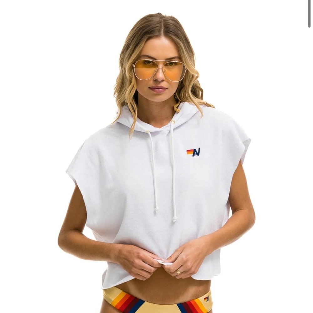 NWT Aviator nation SLEEVELESS RELAXED CROPPED PULLOVER HOODIE - WHITE